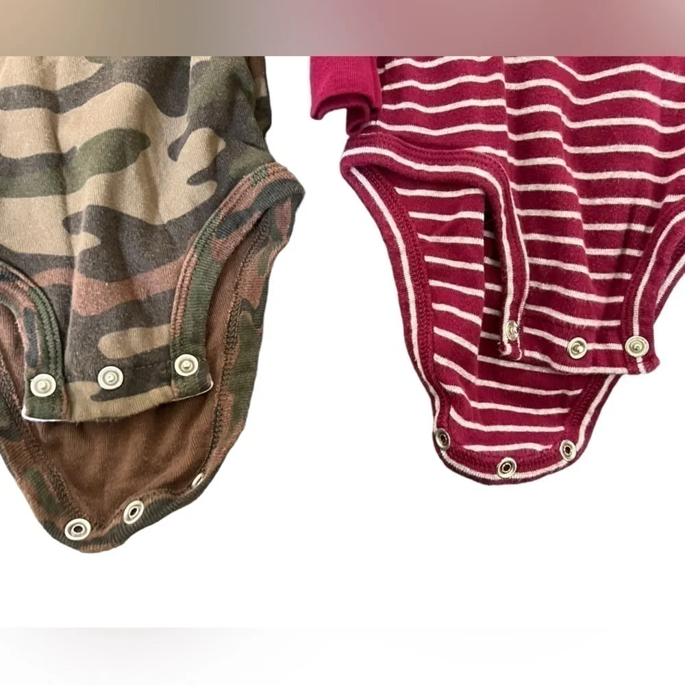 2 Carters longsleeve baby onesies camo “Little Hunk” striped red & white raccoon